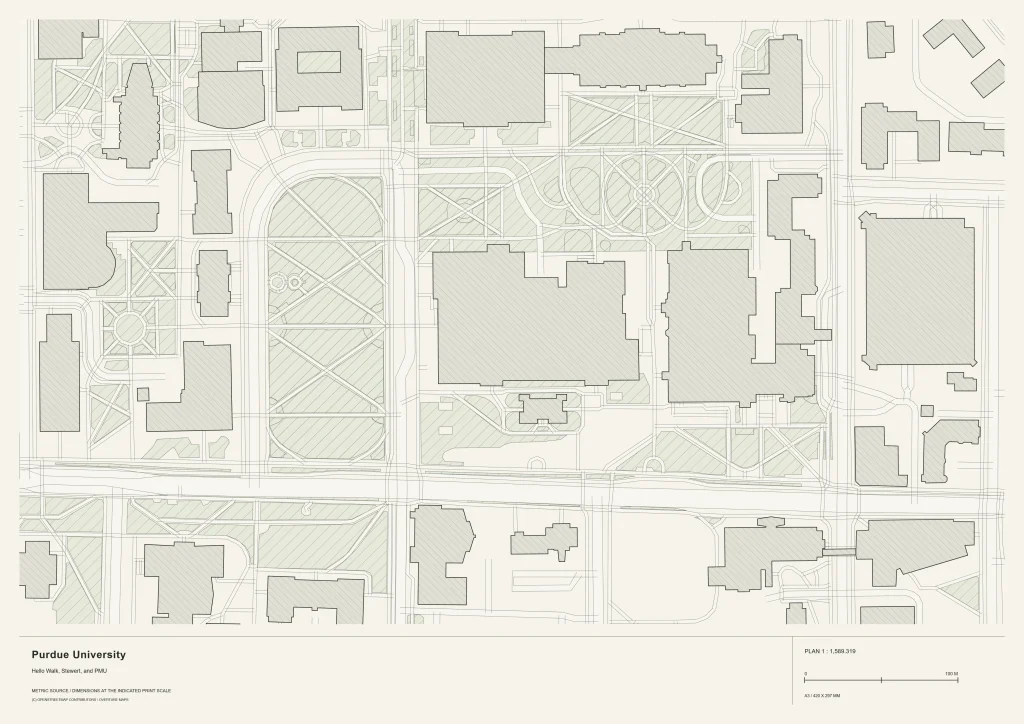 The Purdue University Survey map print: campus buildings and paths drawn as an architectural plan